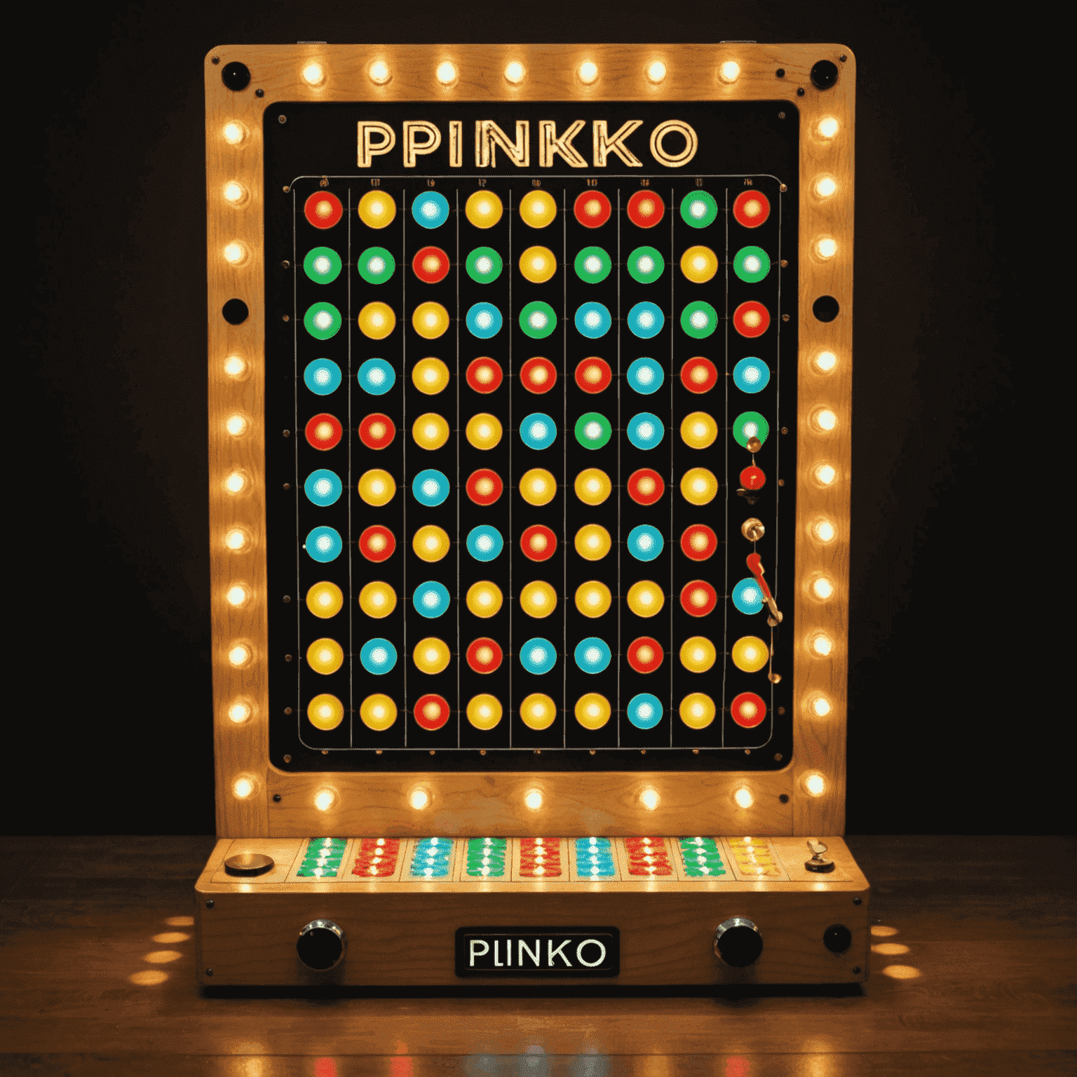 Papan permainan Plinko klasik dengan pin dan slot di bahagian bawah, dikelilingi oleh lampu terang seperti yang dilihat dalam rancangan permainan TV