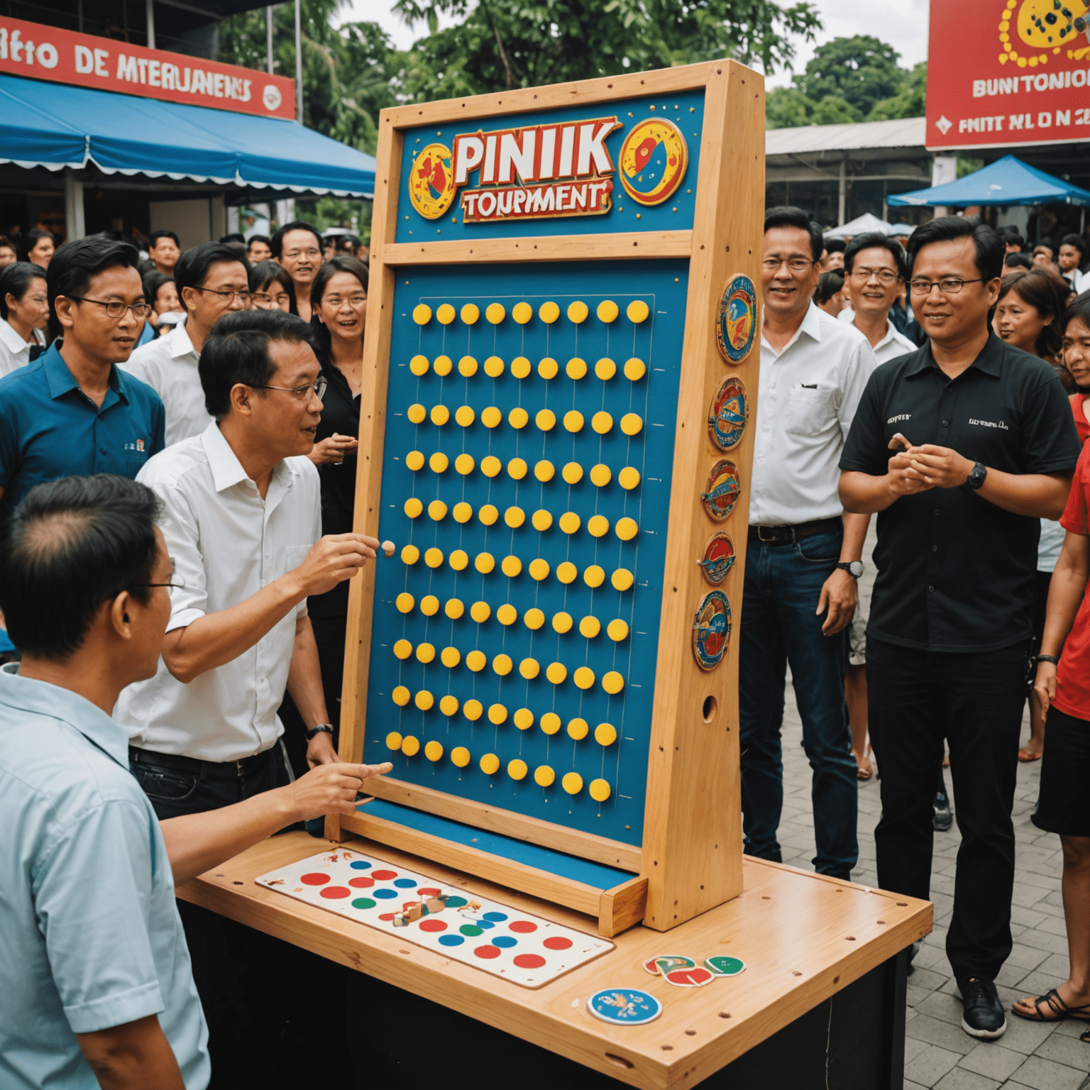 Sebuah turnamen Plinko yang ramai di Malaysia, dengan pemain-pemain yang bersemangat di sekitar papan Plinko besar