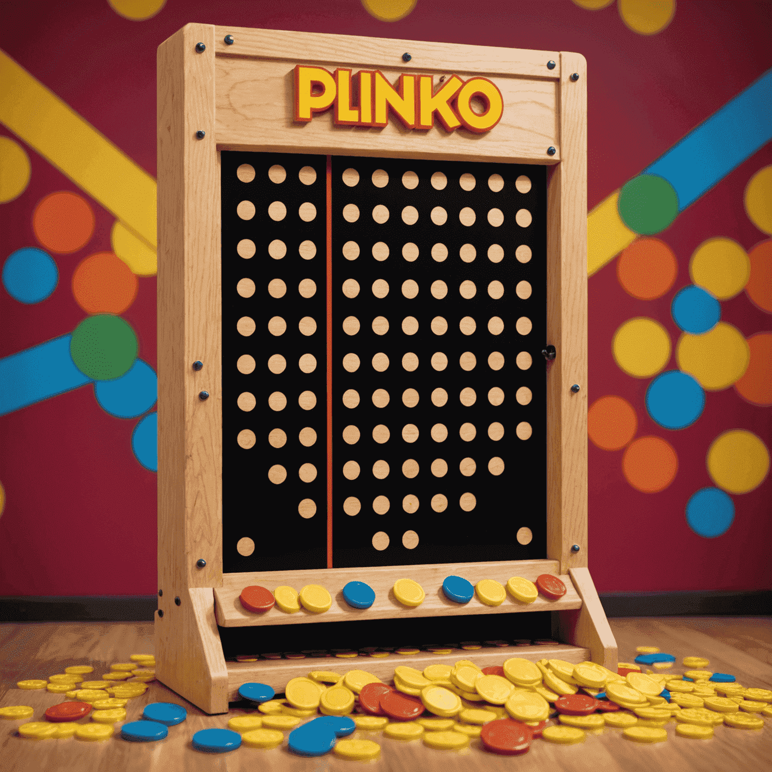 Gambar papan Plinko asal dengan chip yang jatuh melalui pasak. Latar belakang menunjukkan set 'The Price is Right' dari tahun 1980-an.