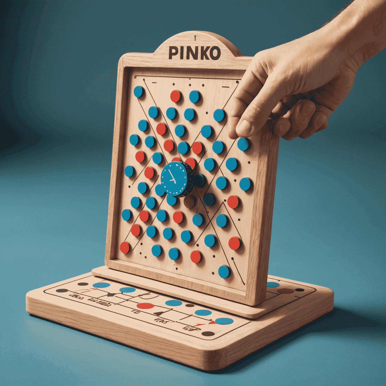 Ilustrasi papan Plinko dengan anak panah dan garis menunjukkan trajektori chip yang optimum. Tangan memegang chip Plinko, bersiap untuk menjatuhkannya.