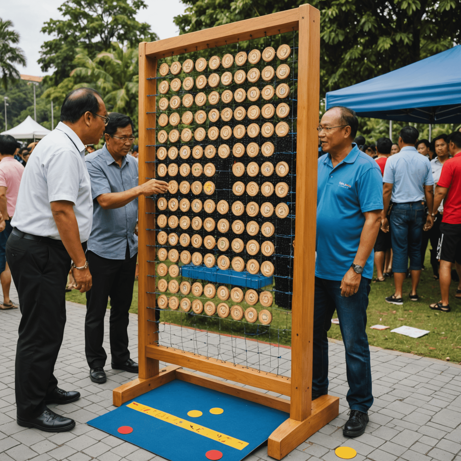 Gambar pertandingan Plinko tempatan di Malaysia, menunjukkan peserta dan papan permainan besar